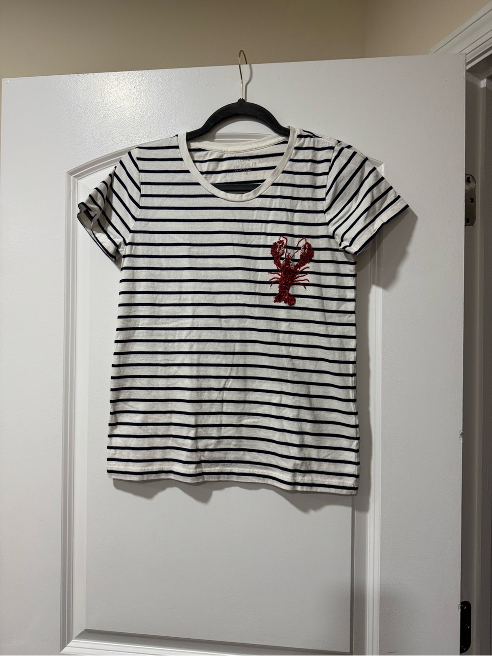 J. Crew White Navy Striped Tee with Red Sequin Embroidered Beaded Lobster - Picture 3 of 7
